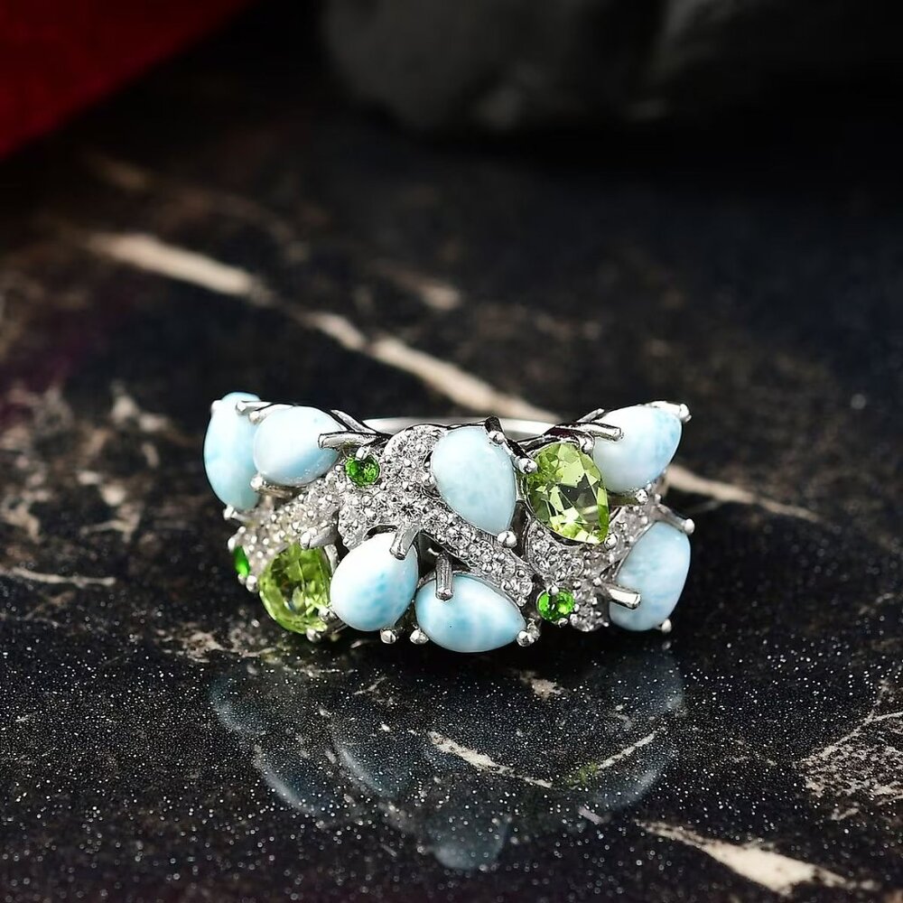 Artisan ✦ Larimar Sky Blue Statement Ring ✦ 925 Rhodium Peridot & White Sapphire
